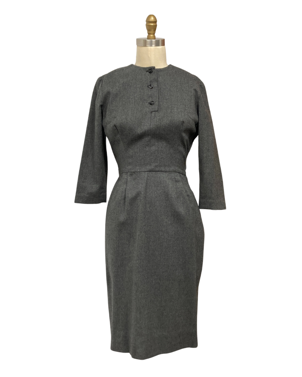 grey wiggle dress EARLY 1950s GRAY BACK DRAPE WIGGLE DRESS