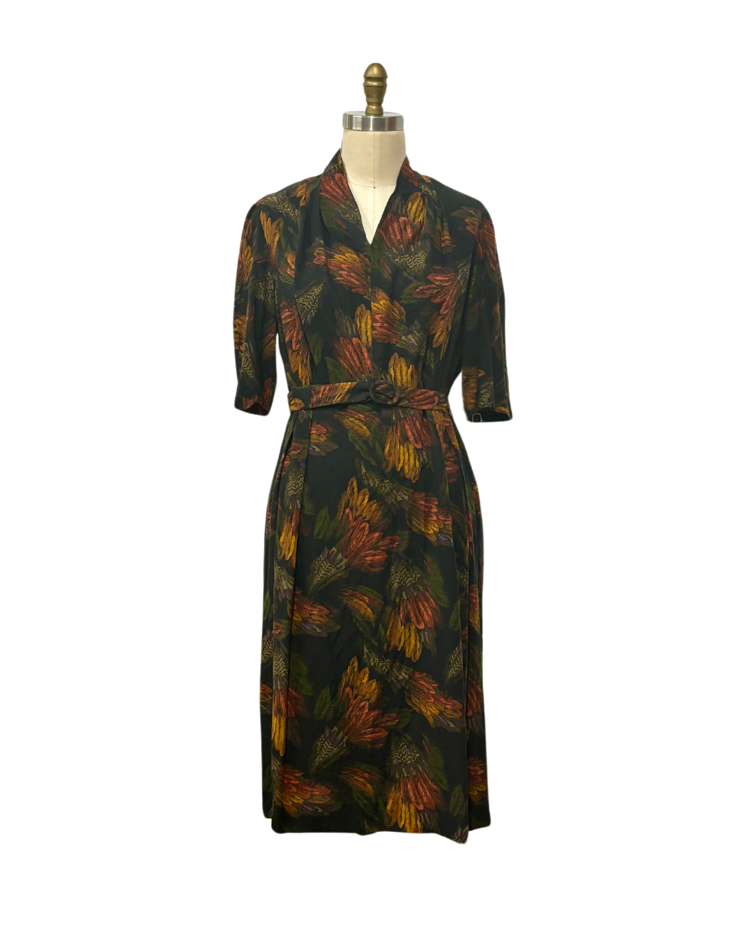 1950s BURGUNDY & MUSTARD FEATHER PRINT DRESS {WAIST 36 INCHES}– Lo Que Fue  Boutique
