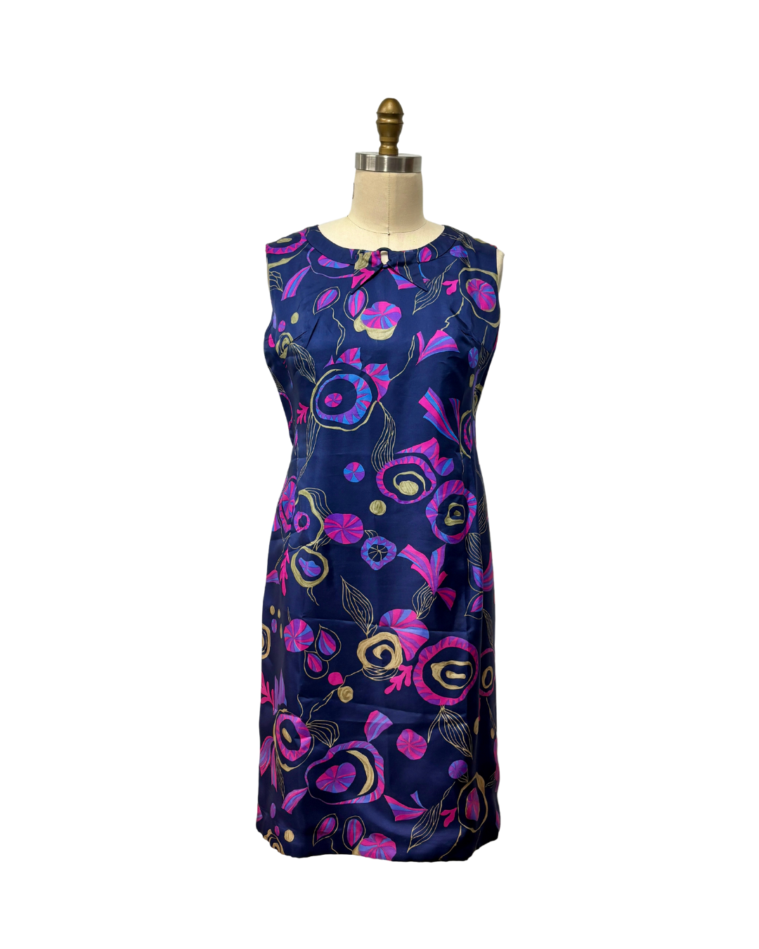 fitted lace wedding dress 1960s NAVY & PURPLE PRINT DRESS W/ JACKET {WAIST 34 INCHES}– Lo Que Fue  Boutique