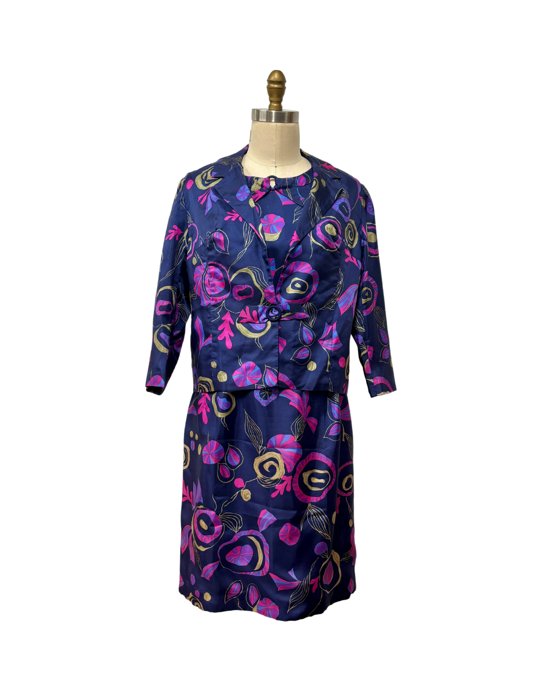 fitted lace wedding dress 1960s NAVY & PURPLE PRINT DRESS W/ JACKET {WAIST 34 INCHES}– Lo Que Fue  Boutique