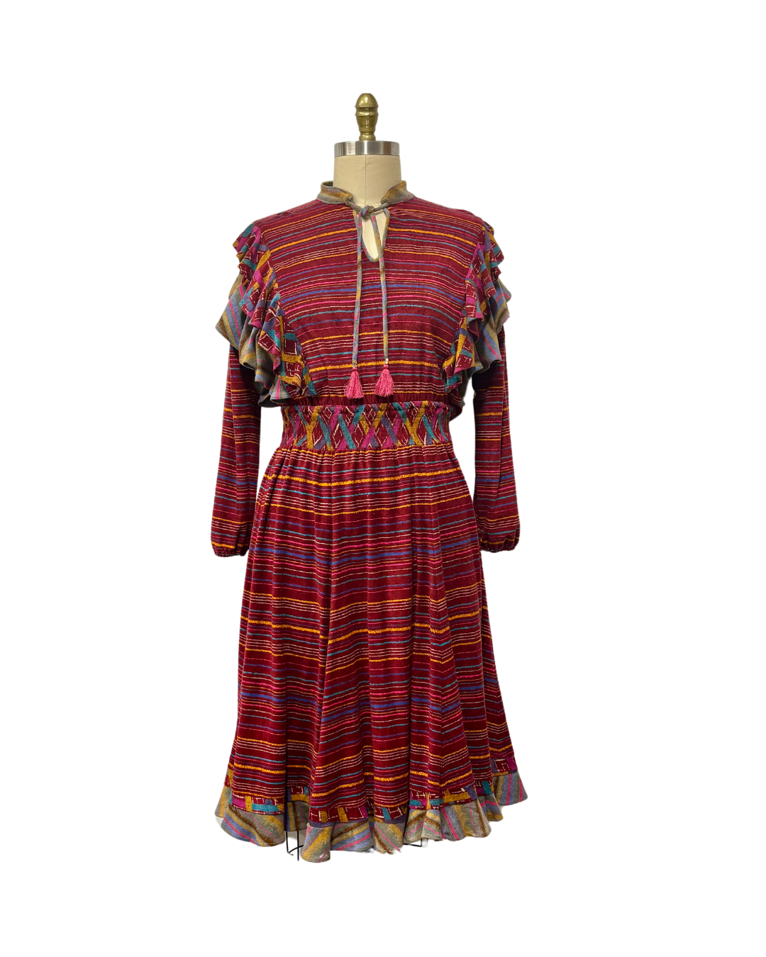 1980s BURGUNDY STRIPED DIANE FREIS DRESS {WAIST 32 INCHES}– Lo Que Fue  Boutique