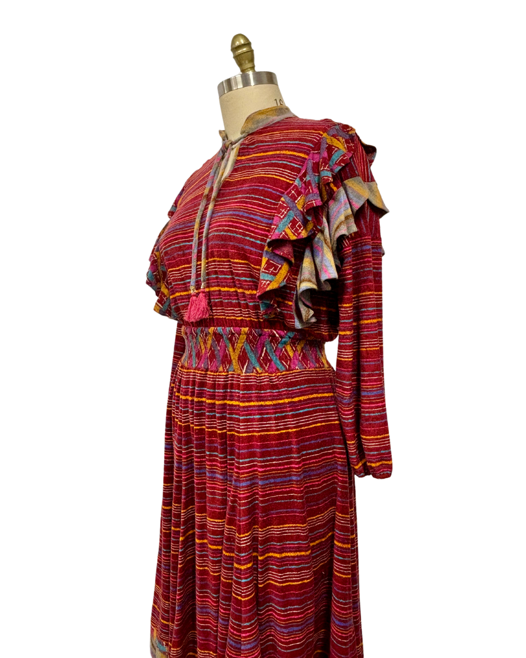 1980s BURGUNDY STRIPED DIANE FREIS DRESS {WAIST 32 INCHES}– Lo Que