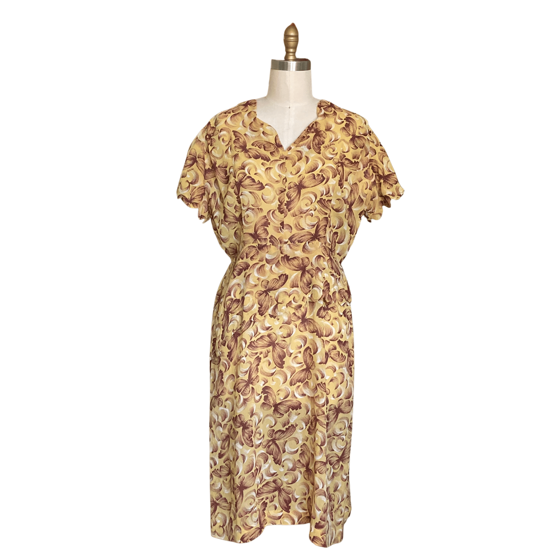 VINTAGE 1940s YELLOW & BROWN BUTTERFLY PRINT PEPLUM DRESS - LO QUE FUE BOUTIQUE Lo Que Fue Boutique VINTAGE 1940s YELLOW & BROWN BUTTERFLY PRINT PEPLUM DRESS - LO QUE FUE BOUTIQUE Lo Que Fue Boutique