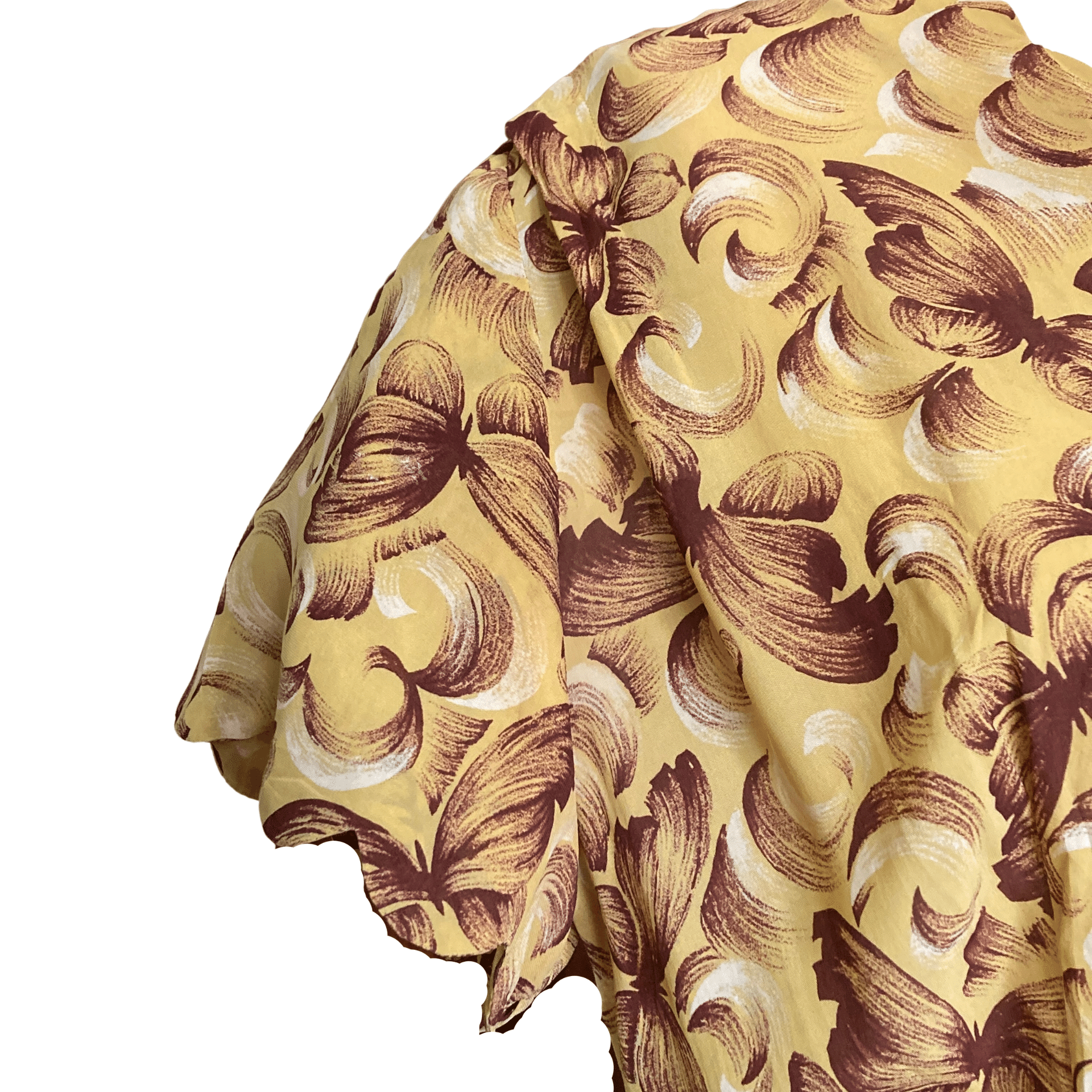 VINTAGE 1940s YELLOW & BROWN BUTTERFLY PRINT PEPLUM DRESS