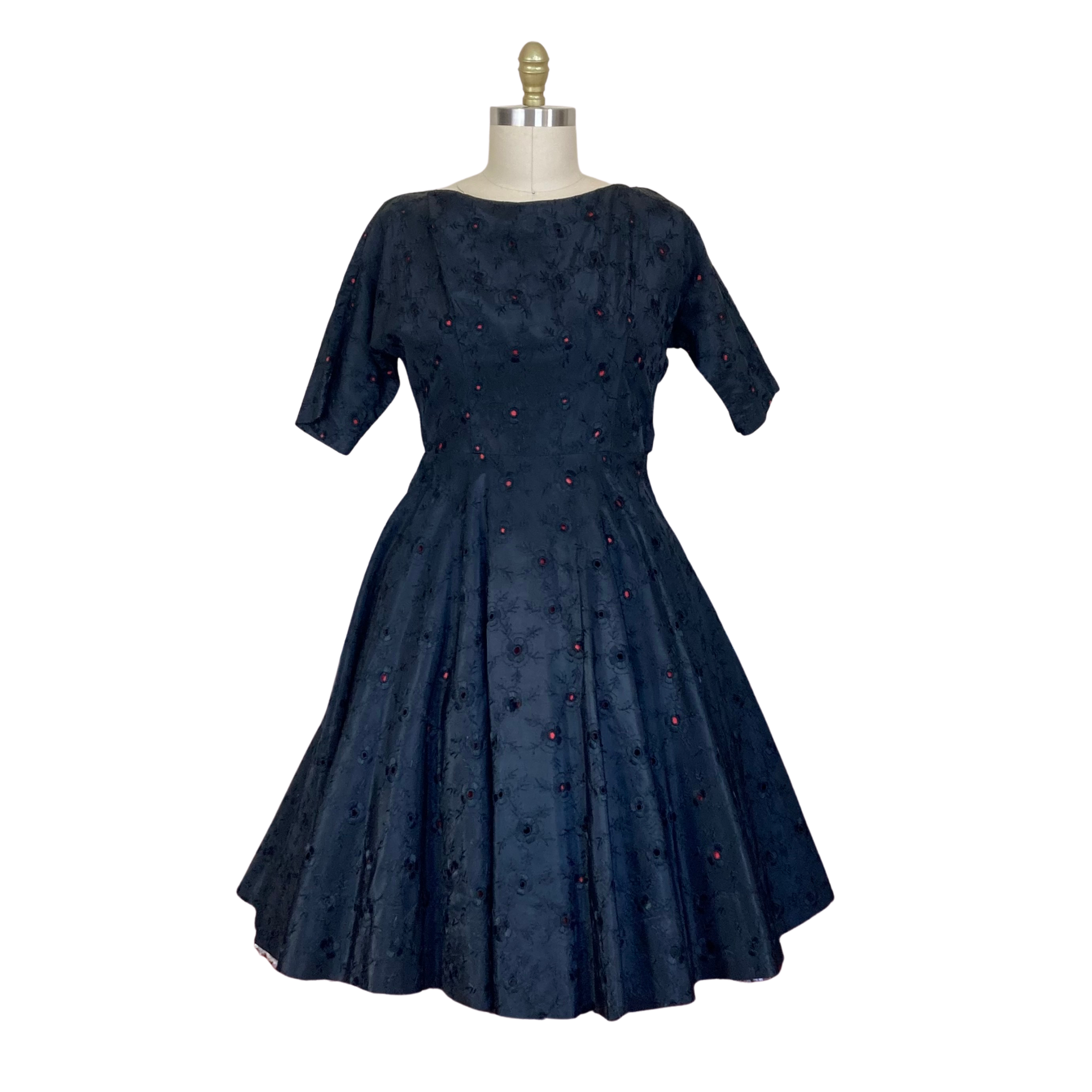 1950s BLACK TAFFETA EYELET FIT AND FLARE DRESS