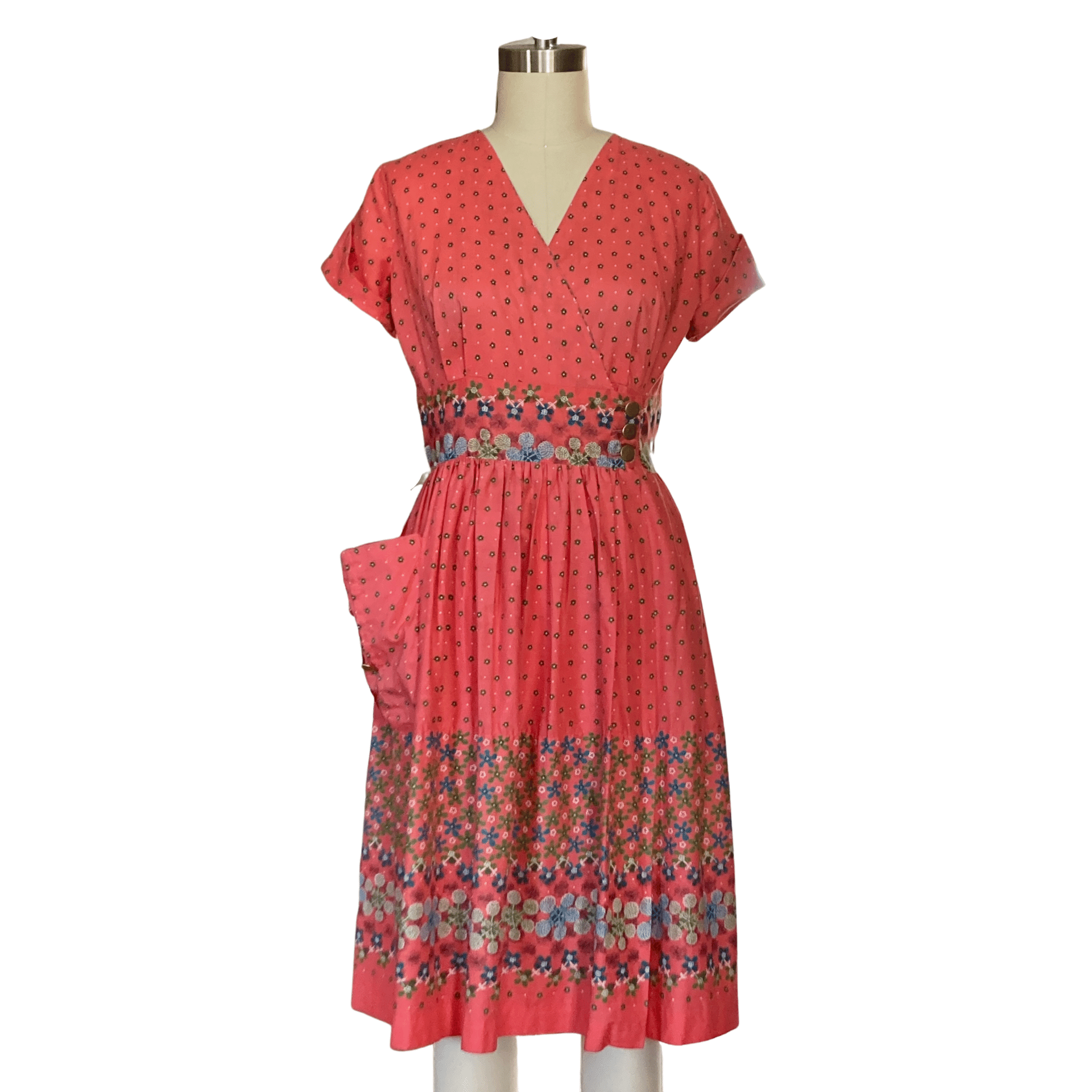 VINTAGE 1950s HOT CORAL PINK FLORAL WRAP DRESS - LO QUE FUE BOUTIQUE Lo Que Fue Boutique VINTAGE 1950s HOT CORAL PINK FLORAL WRAP DRESS - LO QUE FUE BOUTIQUE Lo Que Fue Boutique