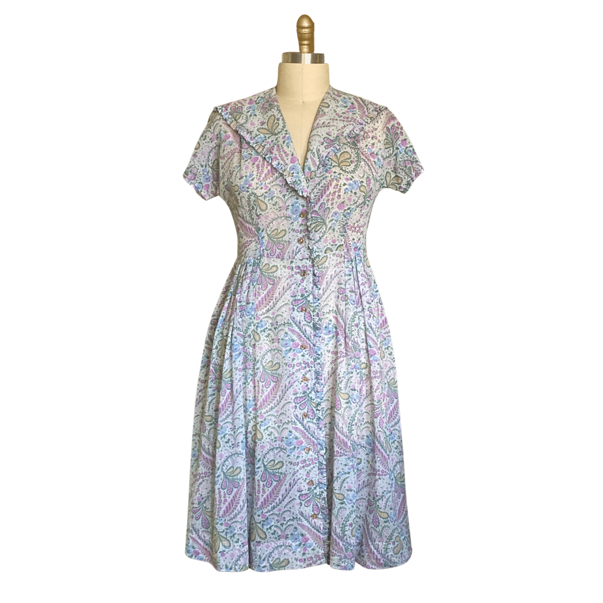 Vintage 1950s Dress | cheapest 50s Paisley Leaf Printed Blue Purple Cotton Circle Skirt Day Dress (small)